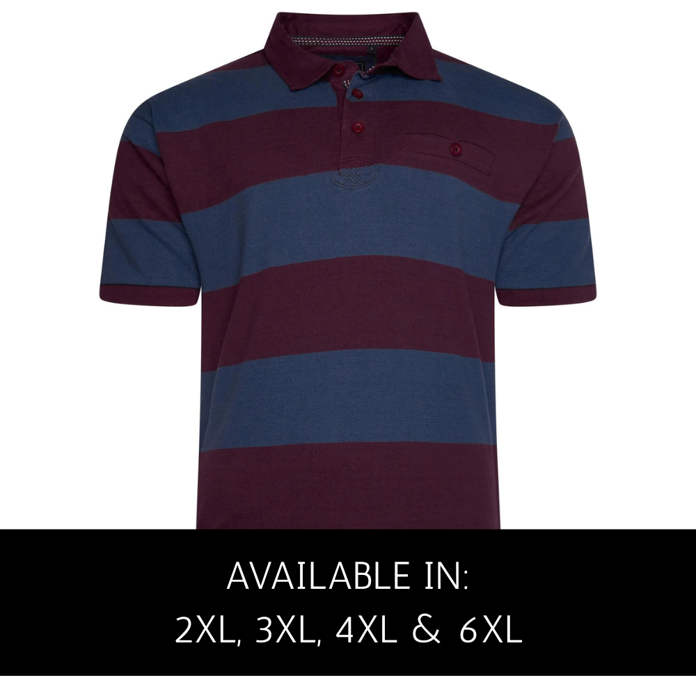 big men’s short sleeve cotton polo shirt in maroon block stripe, 100% cotton, chest pocket, sizes 2XL to 6XL