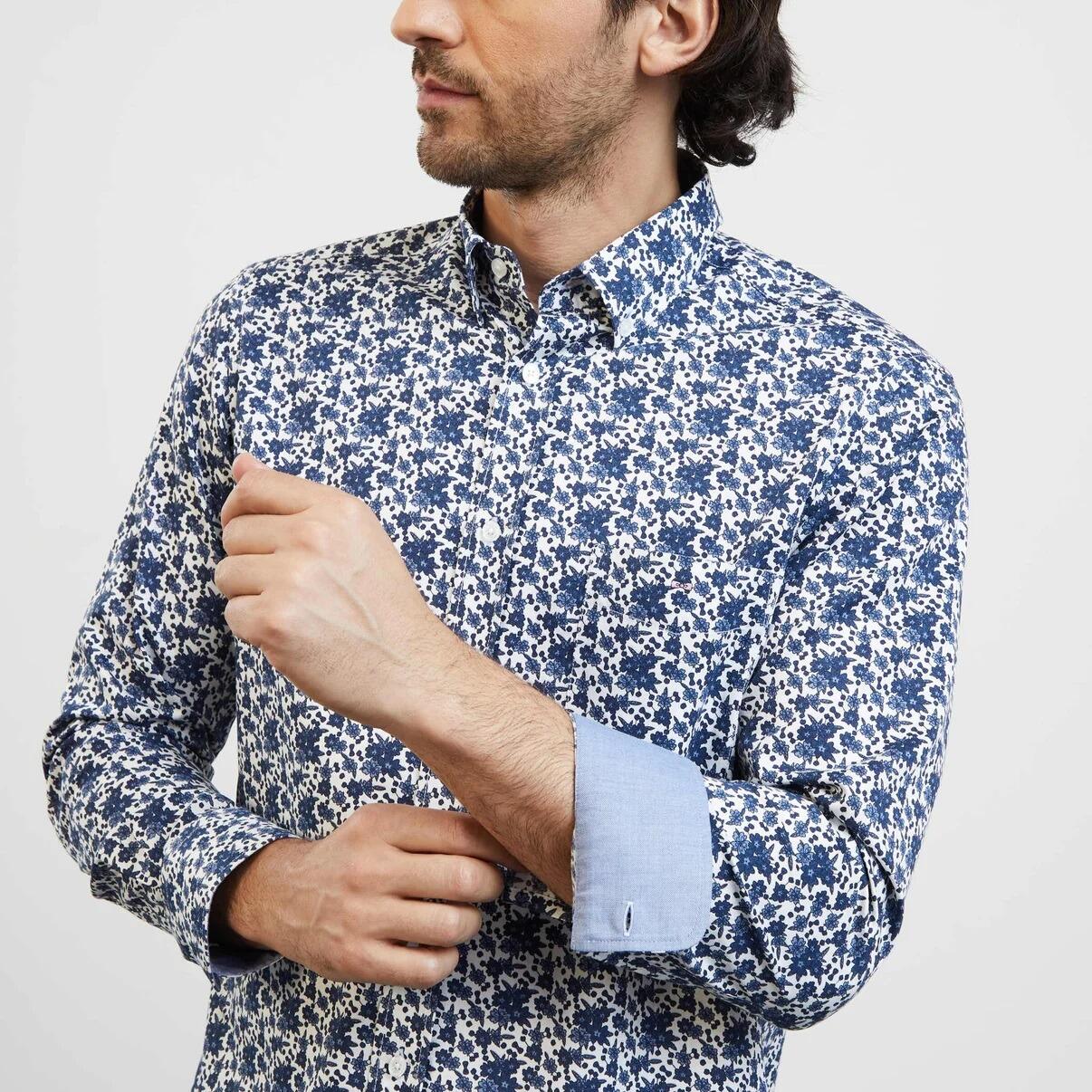 Eden Park Men’s long‑sleeve shirt in blue with floral design, available in sizes M, L, and XL