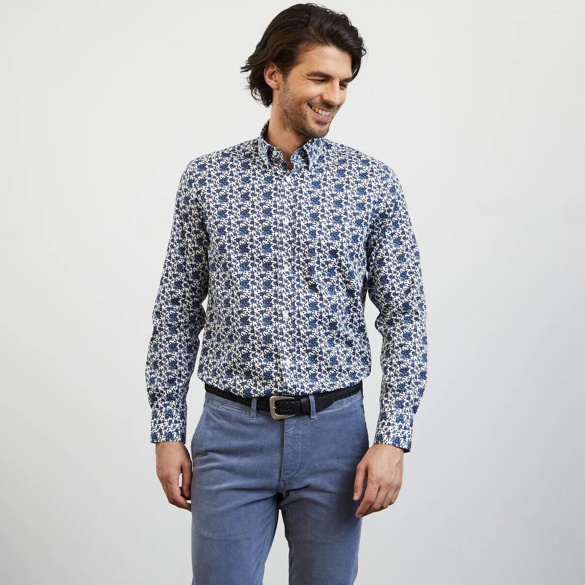 Eden Park Men’s casual long‑sleeve shirt featuring a blue floral pattern, sizes M to XL