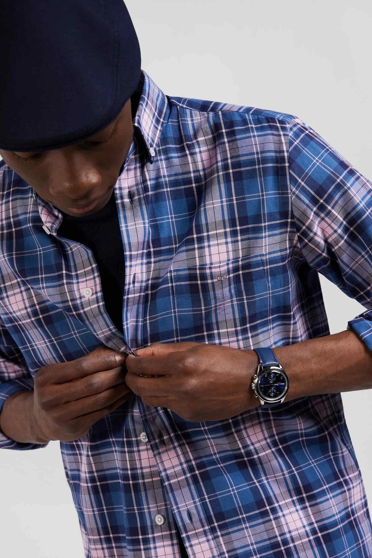 Men’s blue and pink checkered long‑sleeve shirt by Eden Park, available up to 5XL