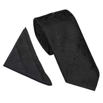 Men's tie and handkerchief set with paisley pattern in black