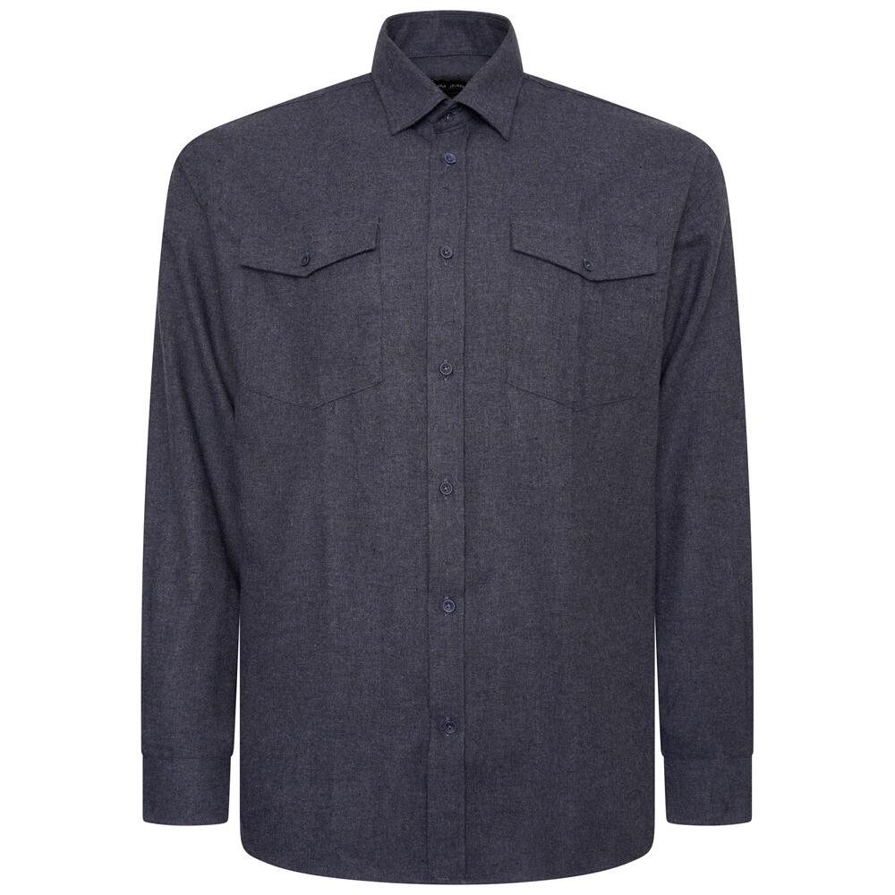 Men's Herringbone Navy Overshirt With Double Chest Pocket