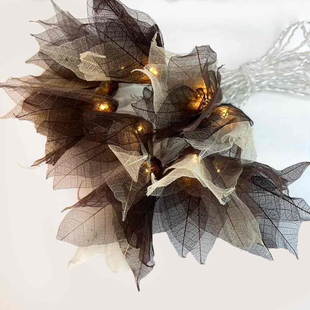 Natural Leaf Fairy Lights in Warm Brown Tones – Handcrafted Thai Rubber Tree Leaf Flowers