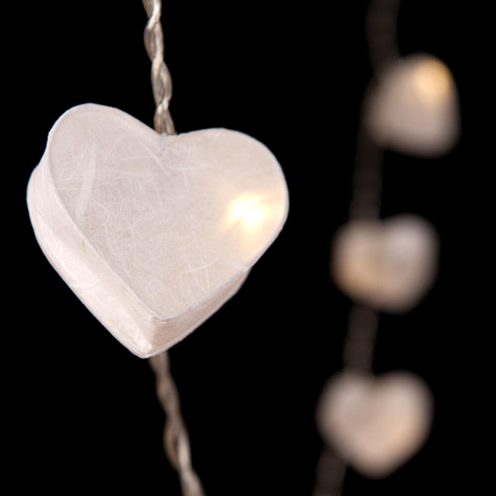 Handcrafted Radiant Heart 20 LED Fairy Lights in crisp white. Hand-screened mulberry paper hearts with warm white LEDs. Mains powered. UK plug included.
