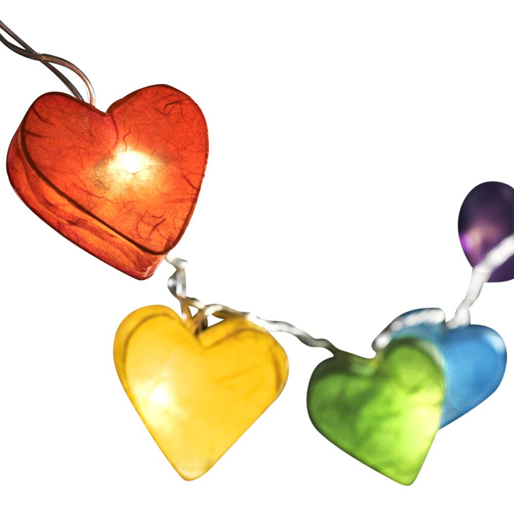 Handcrafted Radiant Heart 30 LED Fairy Lights in rainbow colours. Hand-screened mulberry paper hearts with warm white LEDs. USB powered. UK 3-Pin USB plug included.