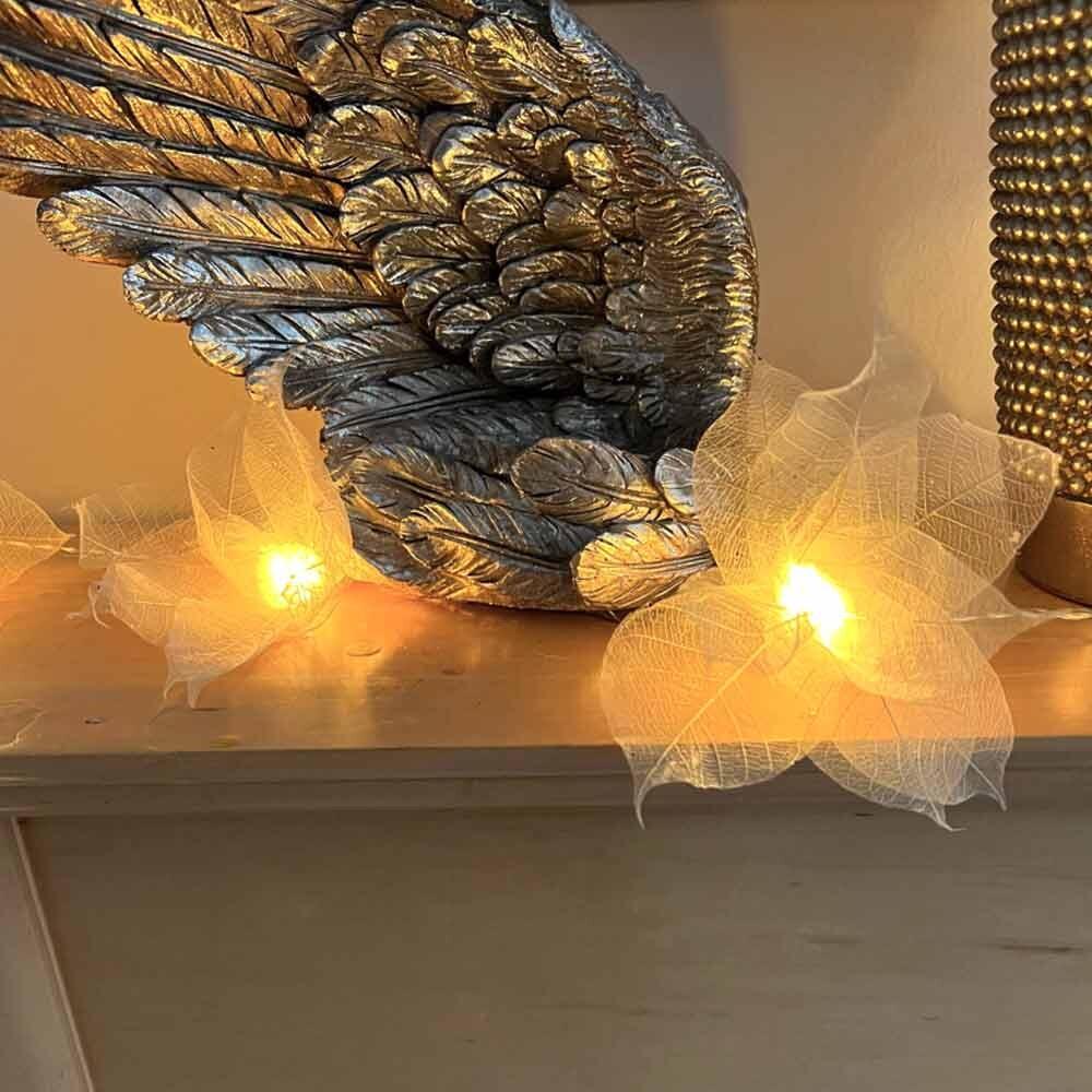Natural Leaf Fairy Lights in Their Natural Undyed Colour – Handcrafted Thai Rubber Tree Leaf Flowers