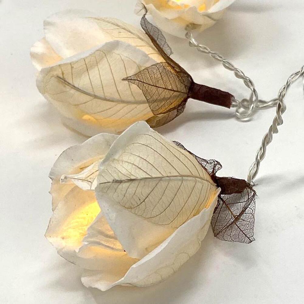 Chelsea Rose Fairy Lights in Crisp White – Handcrafted Thai Saa Paper Rosebuds