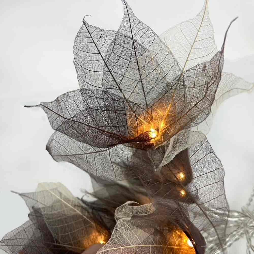 Natural Leaf Fairy Lights in Warm Brown Tones – Handcrafted Thai Rubber Tree Leaf Flowers