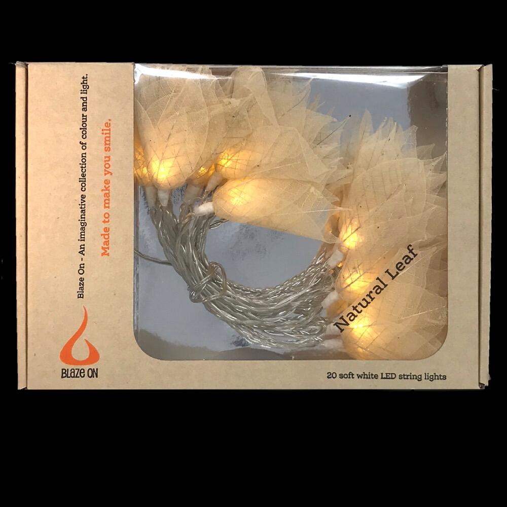 Natural Leaf Fairy Lights in Their Natural Undyed Colour – Handcrafted Thai Rubber Tree Leaf Flowers