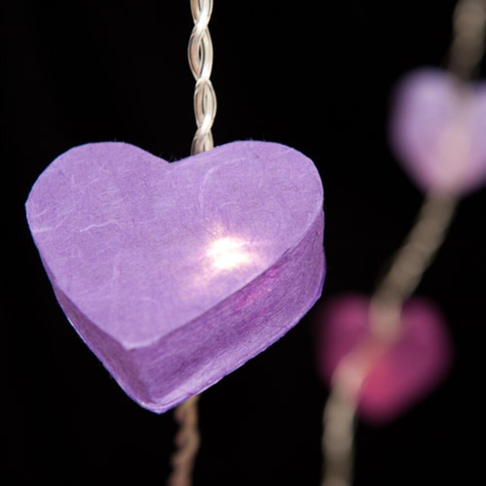 Handcrafted Radiant Heart 10 LED Fairy Lights in purple tones. Hand-screened mulberry paper hearts with warm white LEDs. Mains powered. UK plug included.