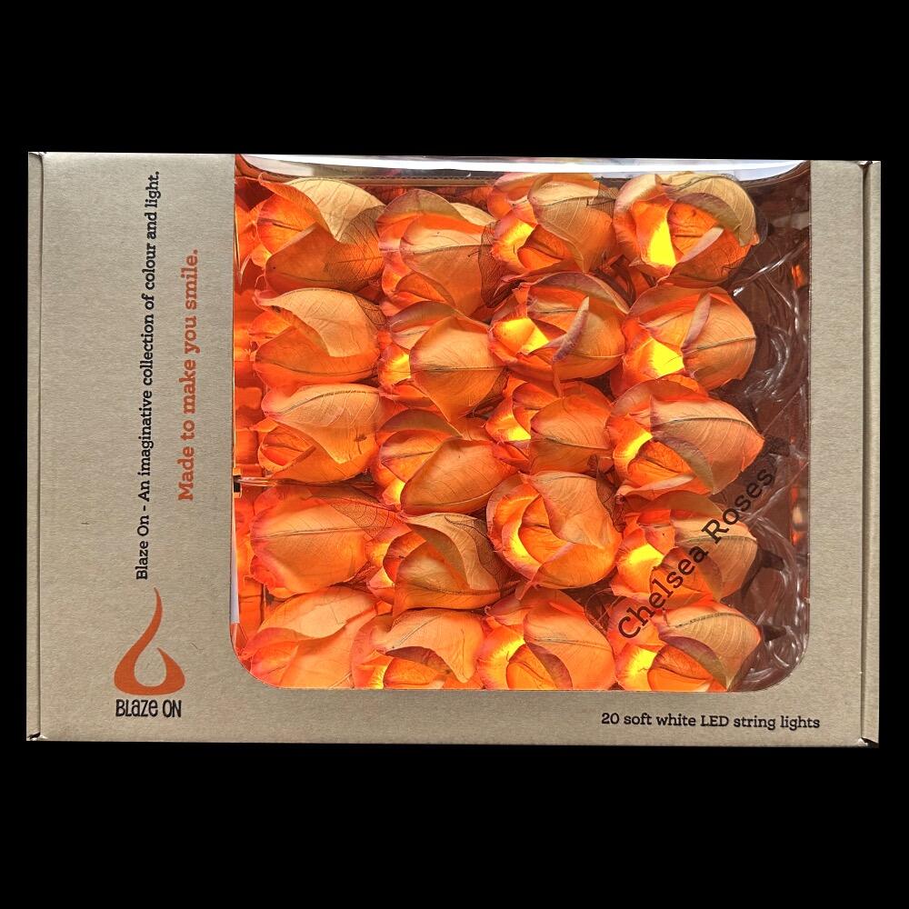 Chelsea Rose Fairy Lights in Soft Glowing Peach – Handcrafted Thai Saa Paper Rosebuds