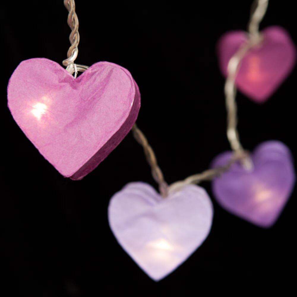 Handcrafted Radiant Heart 30 LED Fairy Lights in purple tones. Hand-screened mulberry paper hearts with warm white LEDs. USB powered. UK 3-Pin USB plug included.