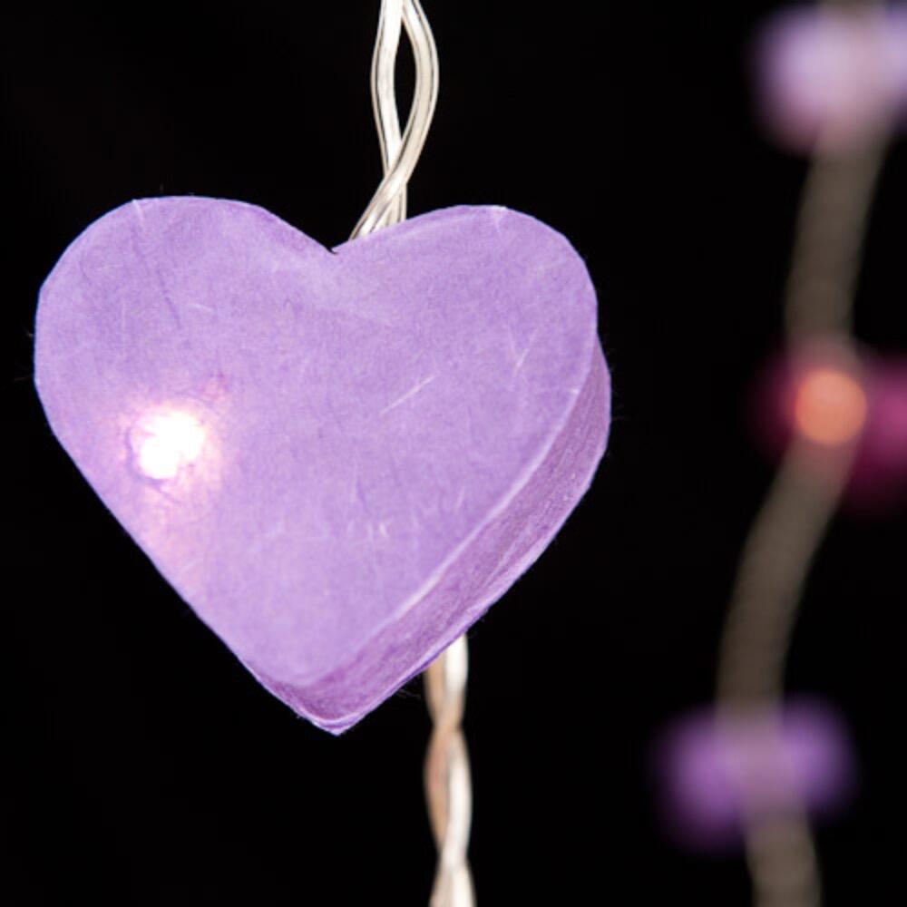 Handcrafted Radiant Heart 30 LED Fairy Lights in purple tones. Hand-screened mulberry paper hearts with warm white LEDs. USB powered. UK 3-Pin USB plug included.