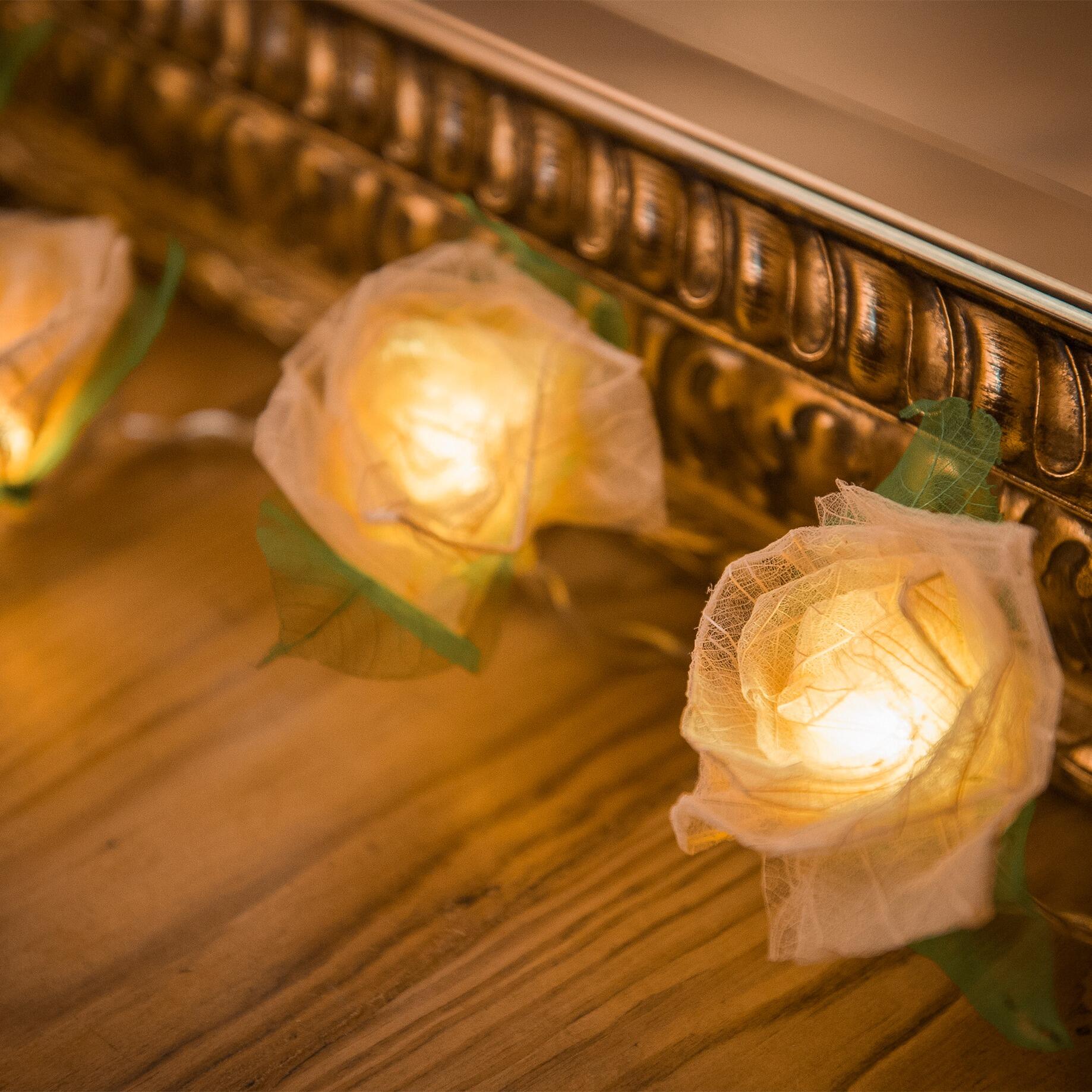 Handcrafted Cream Cabbage Rose Fairy Lights with 20 Warm White LED Lights by Blaze On