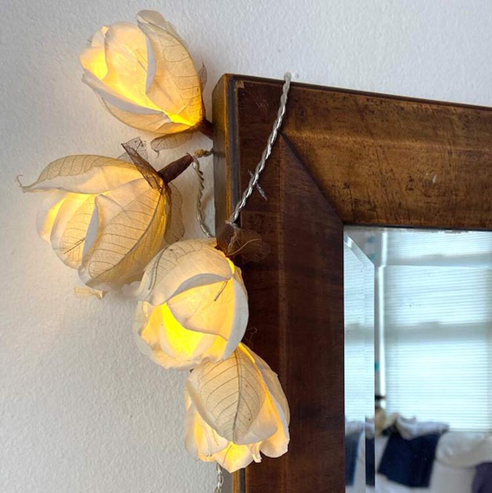Chelsea Rose Fairy Lights in Crisp White – Handcrafted Thai Saa Paper Rosebuds
