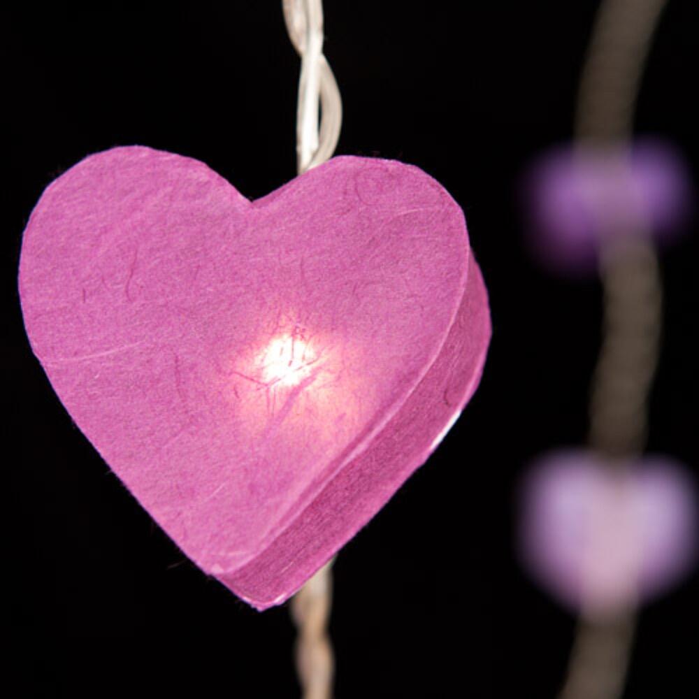 Handcrafted Radiant Heart 30 LED Fairy Lights in purple tones. Hand-screened mulberry paper hearts with warm white LEDs. USB powered. UK 3-Pin USB plug included.