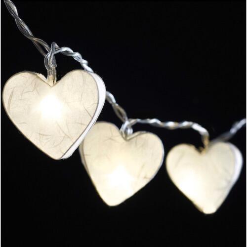 Handcrafted Radiant Heart 20 LED Fairy Lights in crisp white. Hand-screened mulberry paper hearts with warm white LEDs. Mains powered. UK plug included.