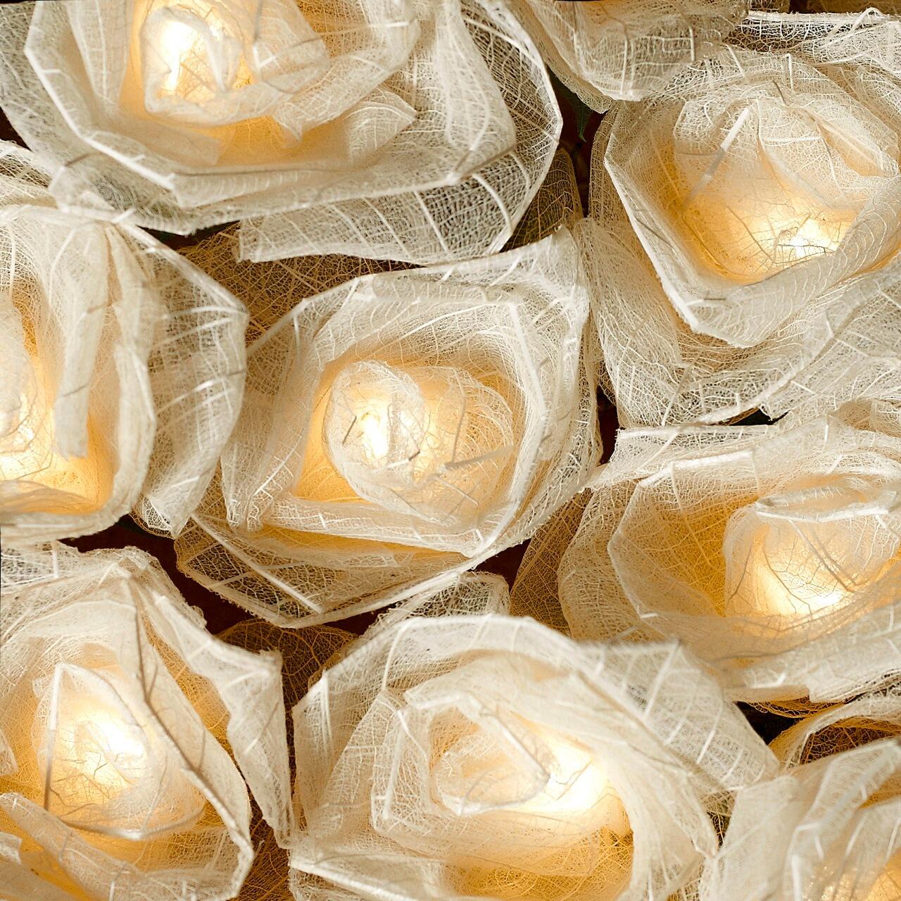 Handcrafted Cream Cabbage Rose Fairy Lights with 30 Warm White LED Lights by Blaze On
