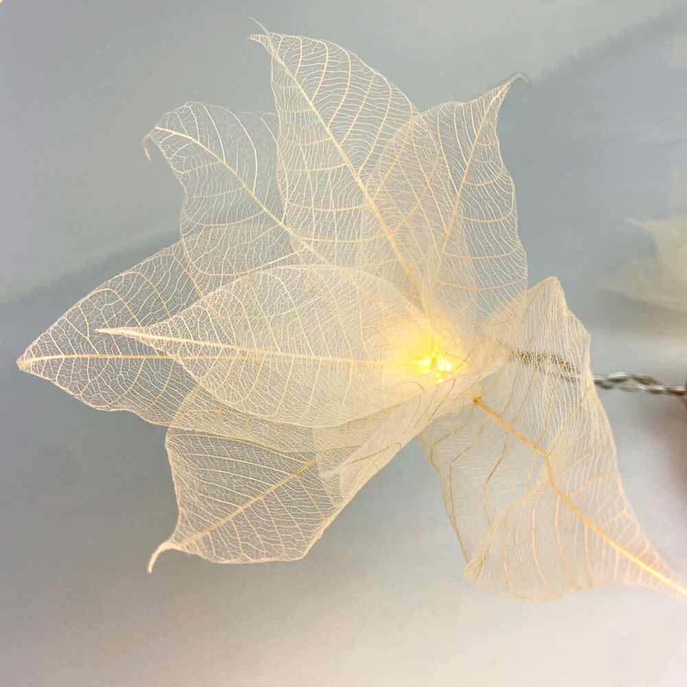 Natural Leaf Fairy Lights in Their Natural Undyed Colour – Handcrafted Thai Rubber Tree Leaf Flowers