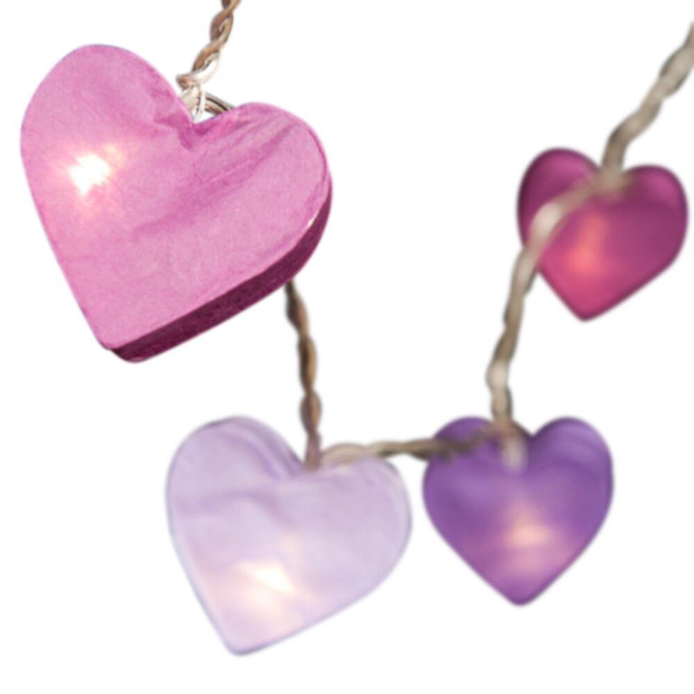 Handcrafted Radiant Heart 30 LED Fairy Lights in purple tones. Hand-screened mulberry paper hearts with warm white LEDs. USB powered. UK 3-Pin USB plug included.