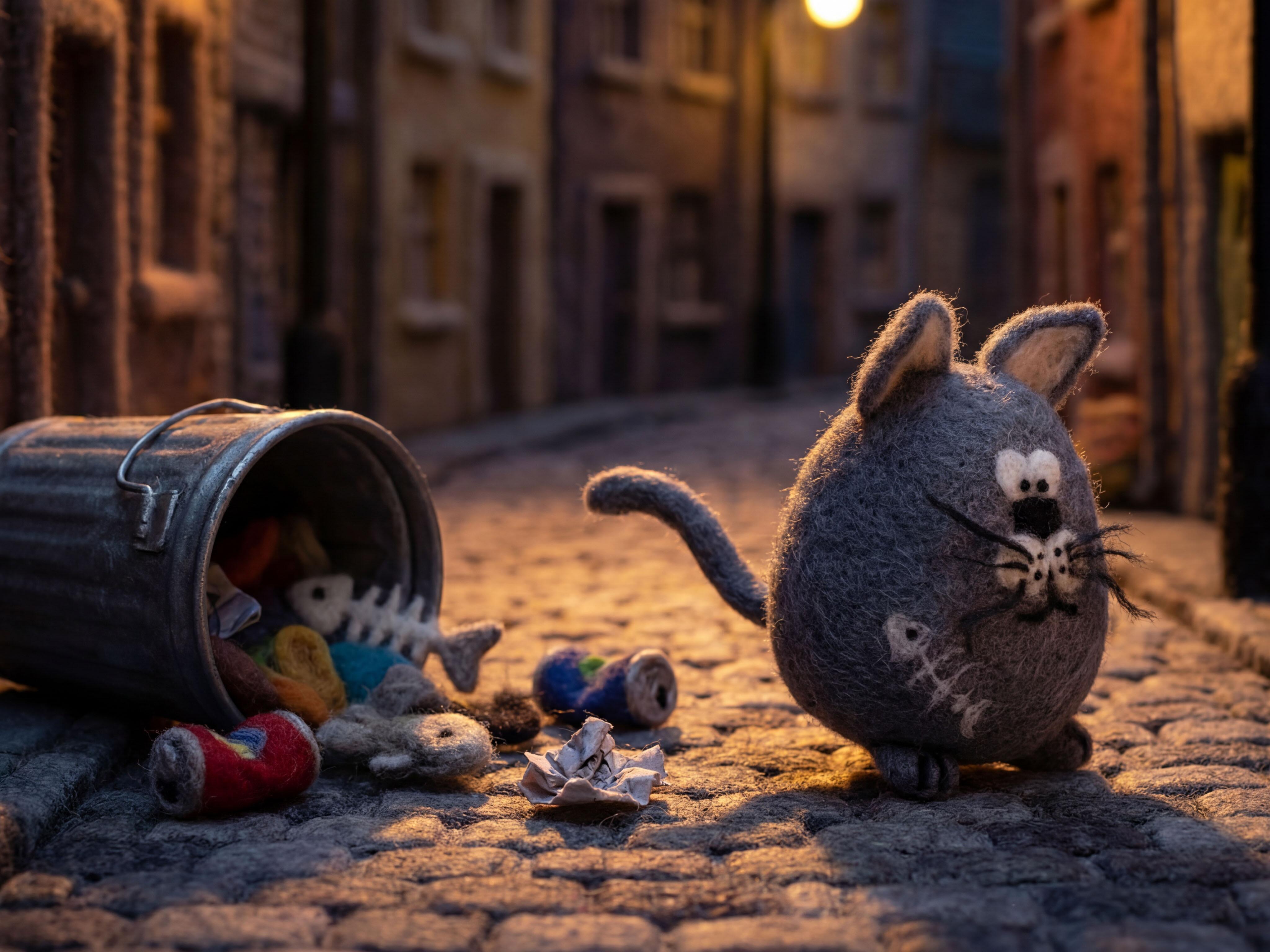 A round, needle-felted gray cat with a fishbone patch standing on a cobblestone street next to an overturned metal bin spilled with felted scraps, set against a moody, lamp-lit urban background.