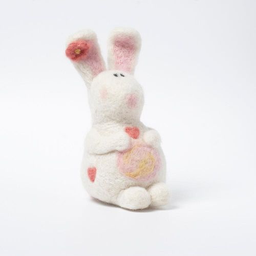 A 3D needle-felted white bunny named Blossom with pink inner ears, rosy cheeks, and delicate heart and flower wool details.