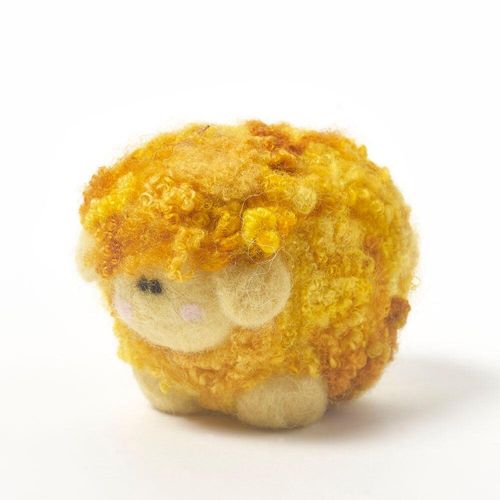 Lemon Sorbet the Ice Cream Woollie needle felting kit box and a finished fluffy yellow sheep with curly hand-dyed Blue Faced Leicester fleece.