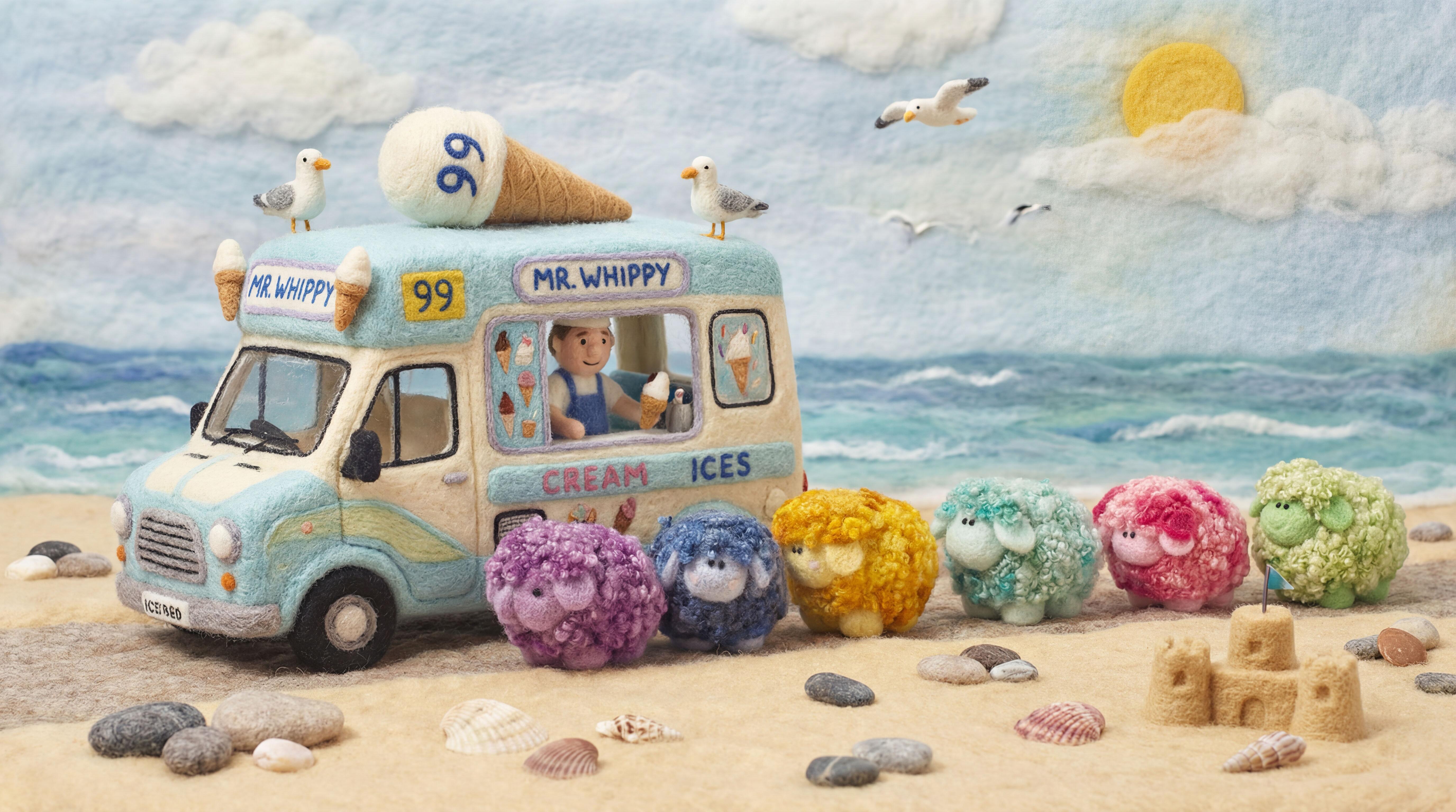 An intricate needle-felted "Mr. Whippy" ice cream van parked on a felted beach with seagulls on the roof, served by a felted figure, with a line of vibrant purple, blue, yellow, teal, pink, and green curly-wool sheep (Woollies) waiting for treats.