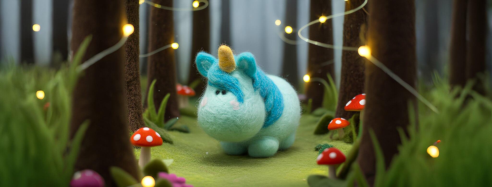 A soft-sculpture needle-felted unicorn with a turquoise body and golden horn standing in a miniature felt forest with brown tree trunks, red toadstools, and twinkling fairy lights.
