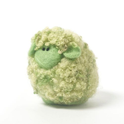 Pistachio the Ice Cream Woollie needle felting kit a finished fluffy green sheep with curly hand-dyed Blue Faced Leicester fleece.