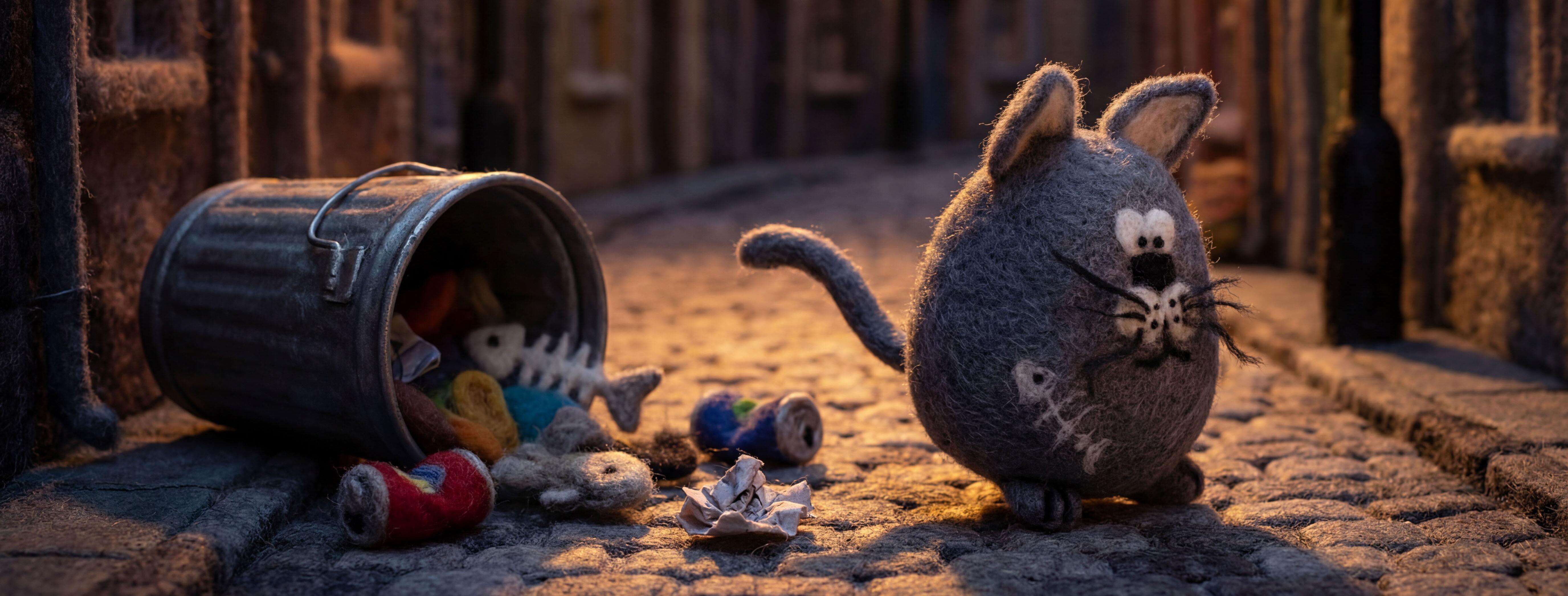 A round, needle-felted gray cat with a fishbone patch standing on a cobblestone street next to an overturned metal bin spilled with felted scraps, set against a moody, lamp-lit urban background.