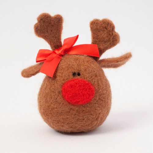 A 3D needle-felted brown reindeer named Rosie with a large red nose, heart-shaped antlers, and a red satin bow.