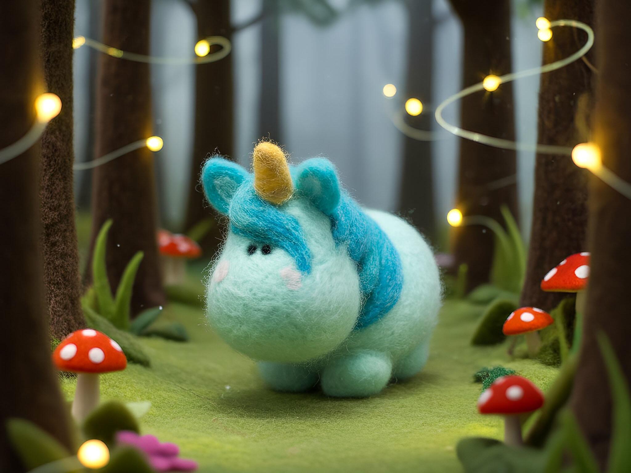 A soft-sculpture needle-felted unicorn with a turquoise body and golden horn standing in a miniature felt forest with brown tree trunks, red toadstools, and twinkling fairy lights.