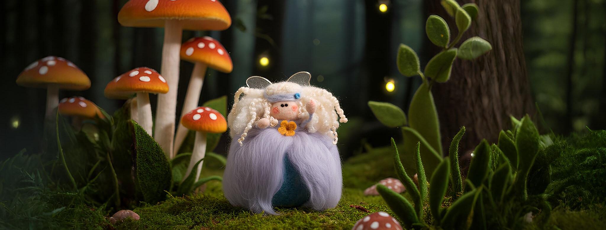 A delicate needle-felted fairy named Molly with curly white hair and a lavender wispy dress, standing in a felted forest surrounded by large red toadstools and lush green foliage.