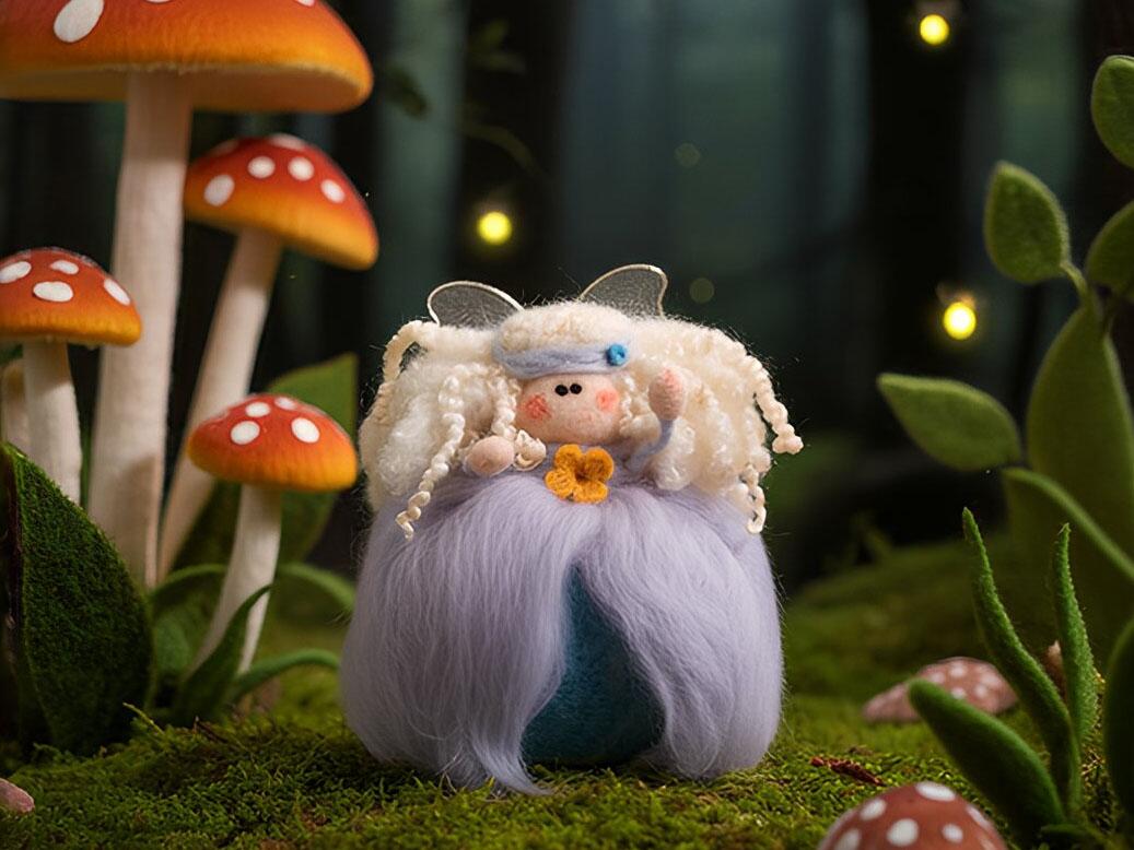 A delicate needle-felted fairy named Molly with curly white hair and a lavender wispy dress, standing in a felted forest surrounded by large red toadstools and lush green foliage.