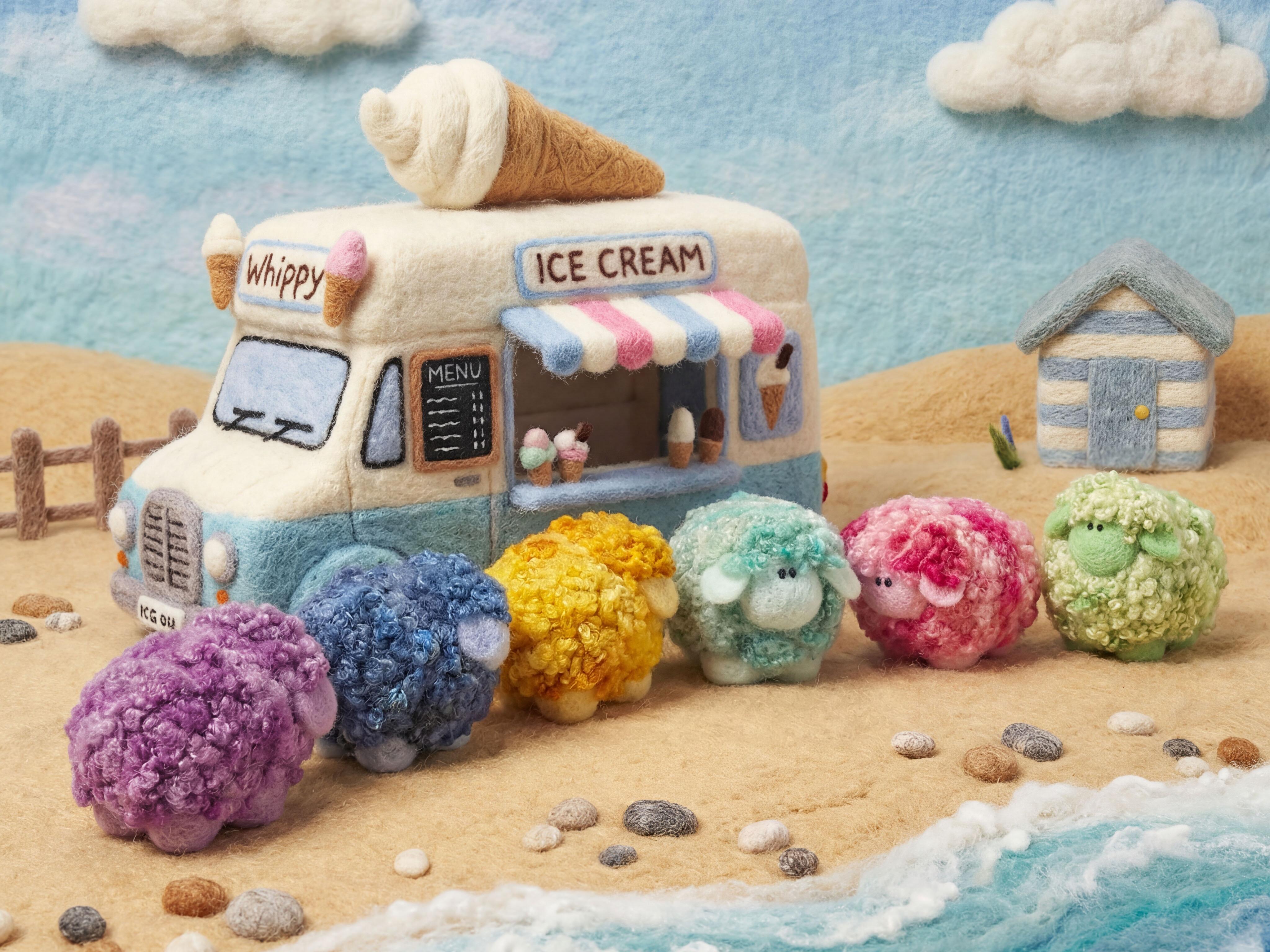 An intricate needle-felted "Mr. Whippy" ice cream van parked on a felted beach with seagulls on the roof, served by a felted figure, with a line of vibrant purple, blue, yellow, teal, pink, and green curly-wool sheep (Woollies) waiting for treats.
