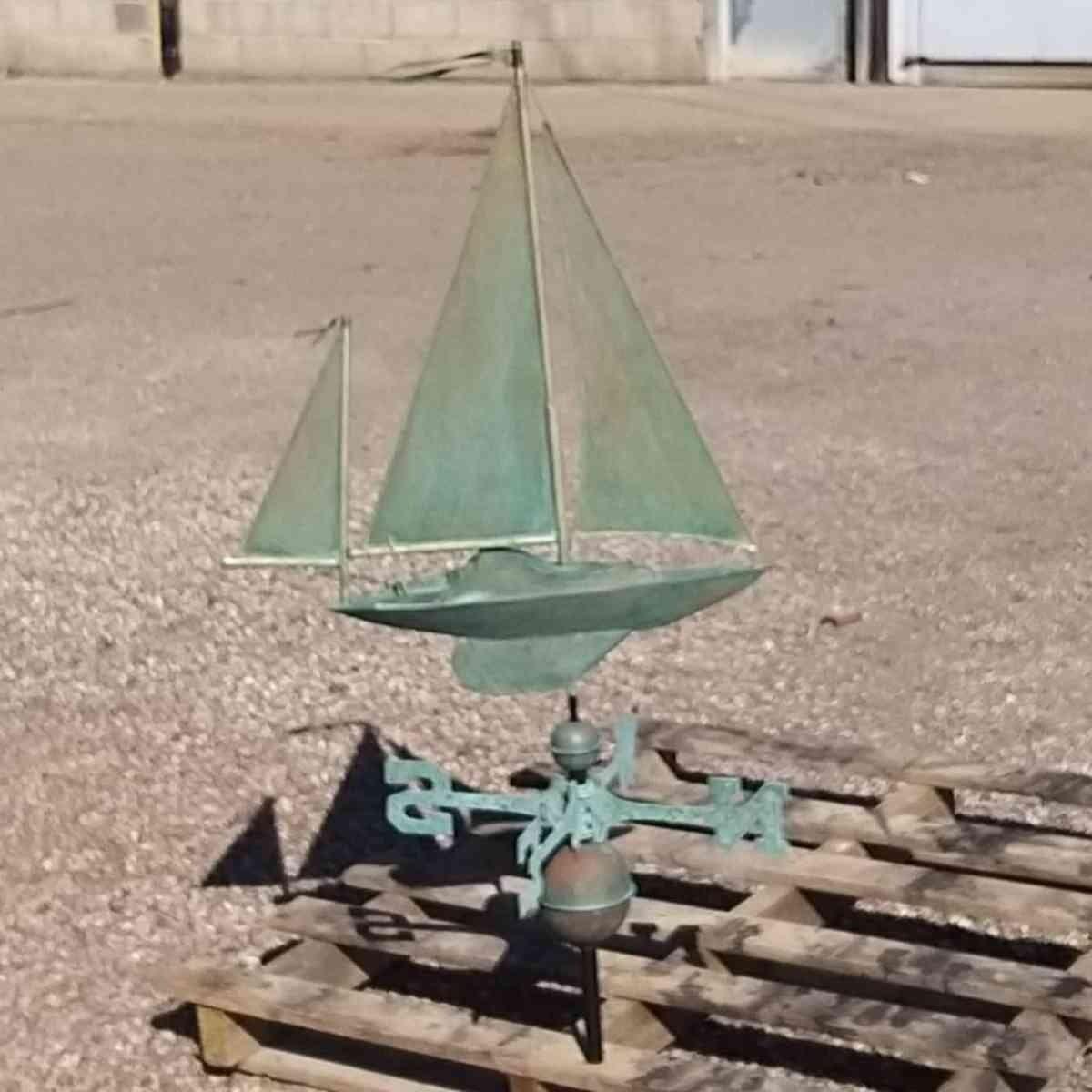 Large pure copper aged weathered verdigris sailboat weathervane