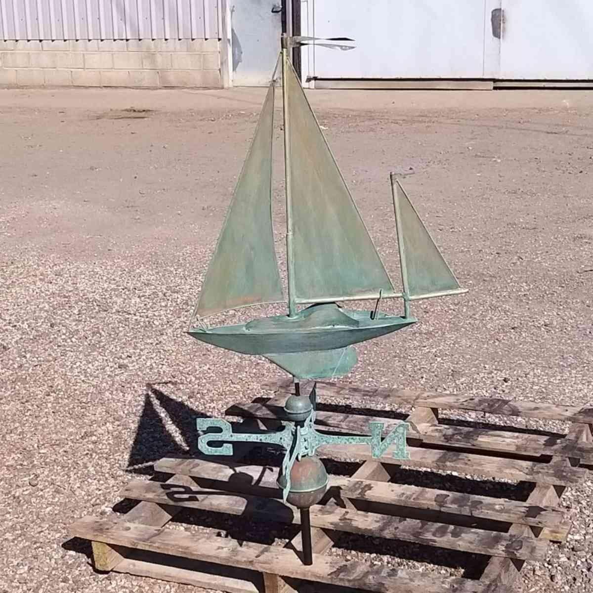 Large pure copper aged weathered verdigris sailboat weathervane