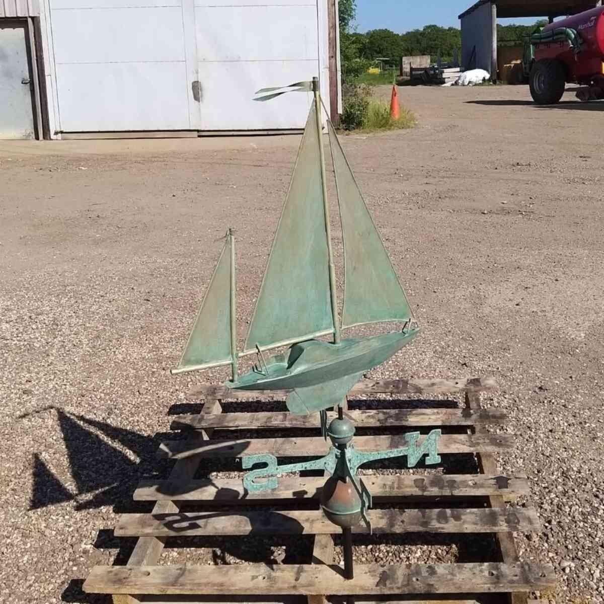 Large pure copper aged weathered verdigris sailboat weathervane