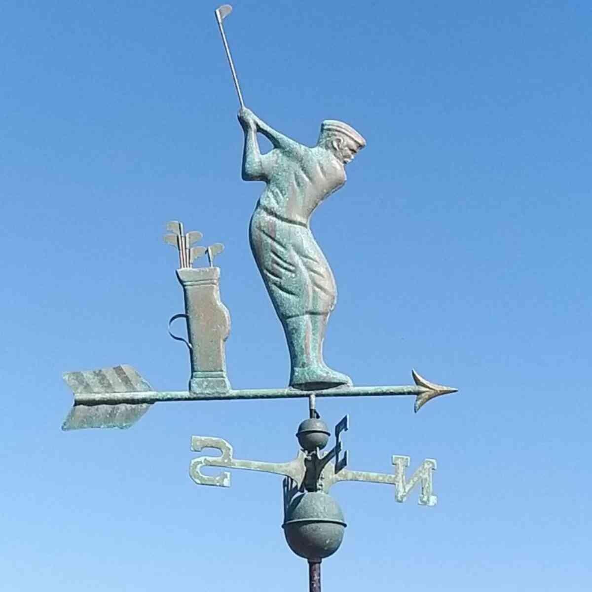 Large pure copper verdigris weathered golfer weathervane