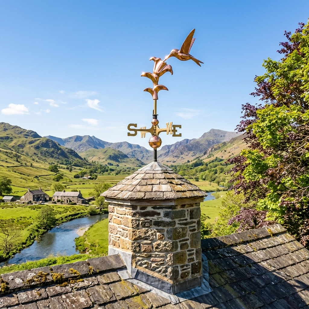 Copper hummingbird weathervane installed on a stone turret at a Scottish highland cottage with mountain valley behind