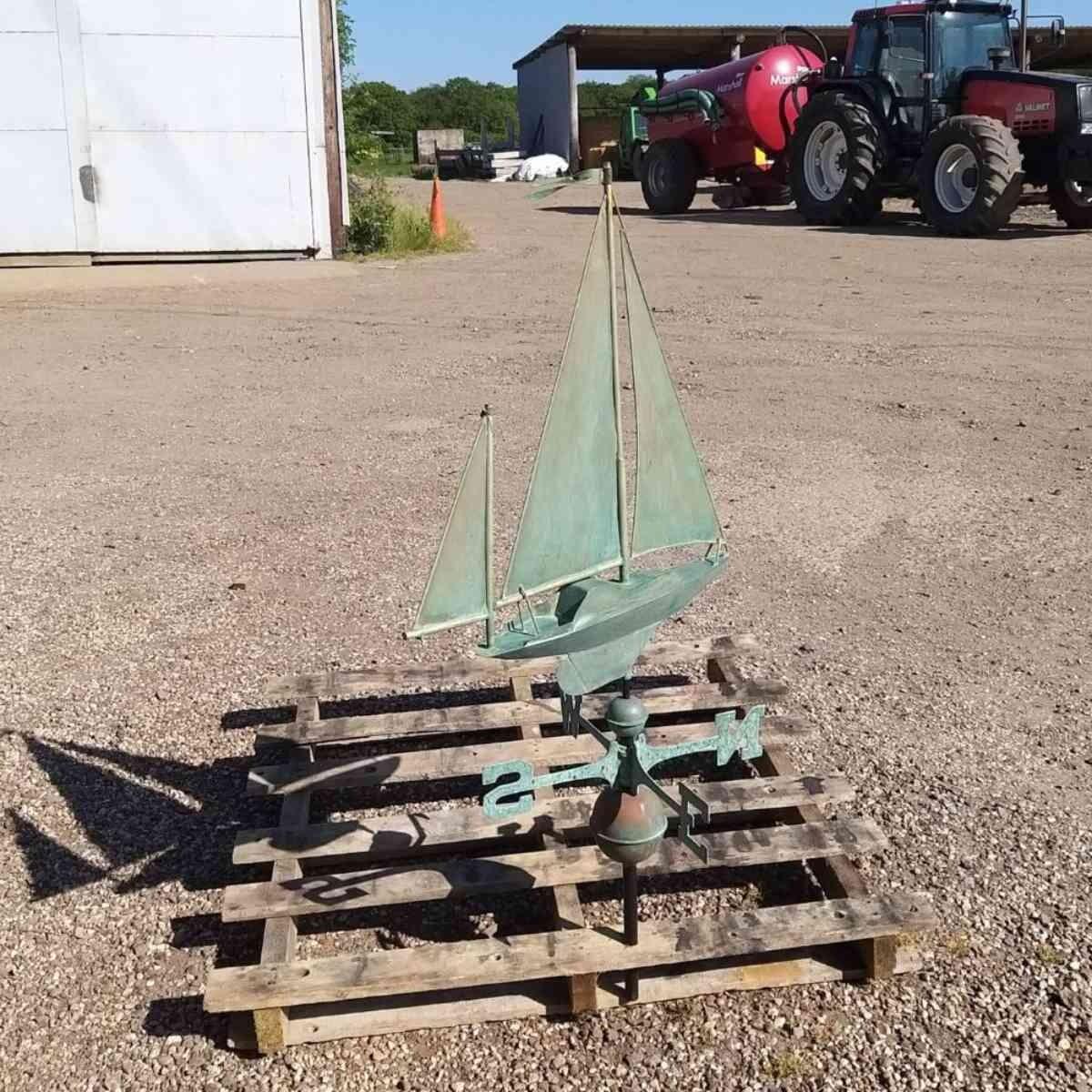 Large pure copper aged weathered verdigris sailboat weathervane