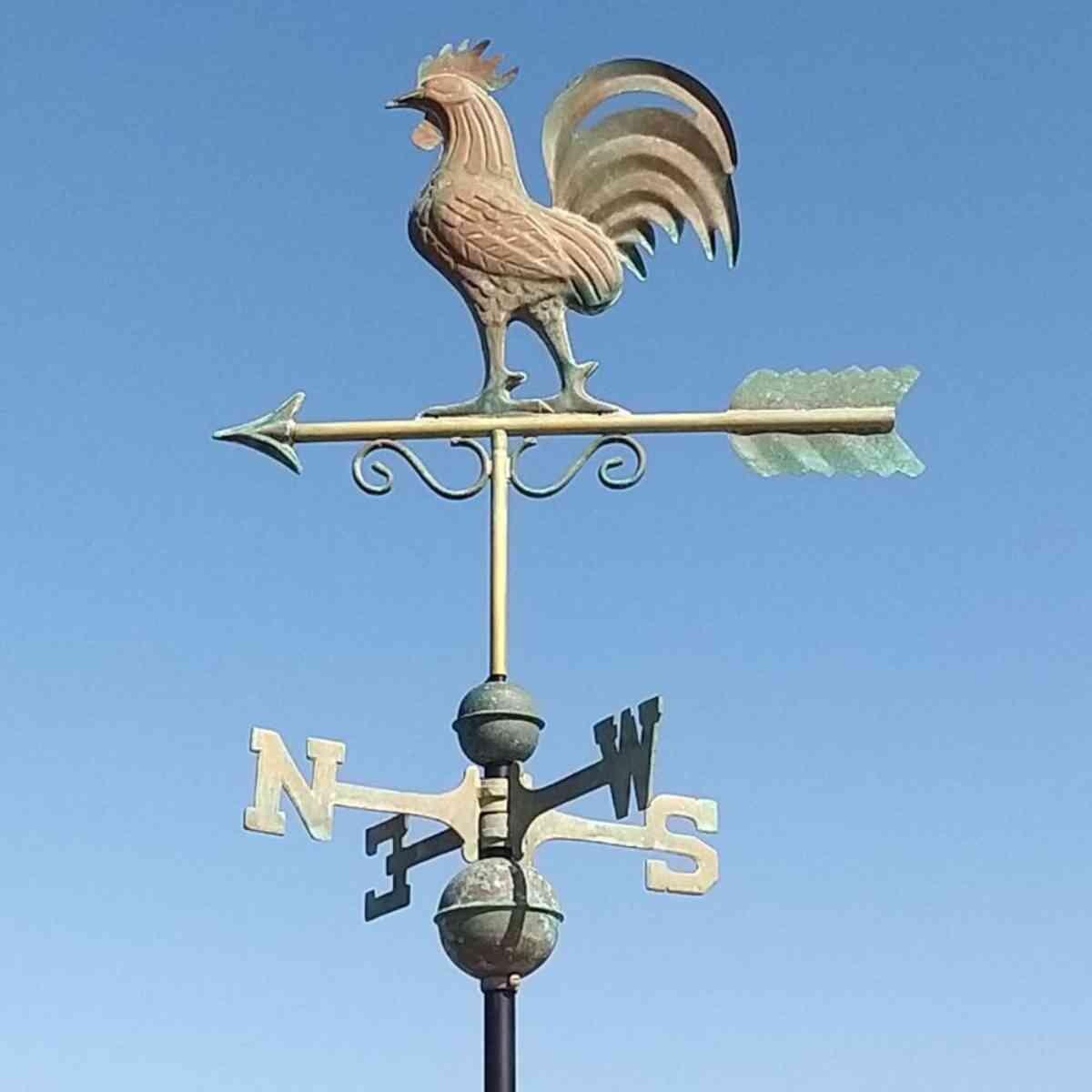 Large verdigris bantam rooster weathervane