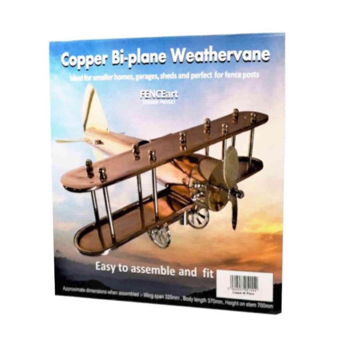 Medium copper hobby bi-plane weathervane