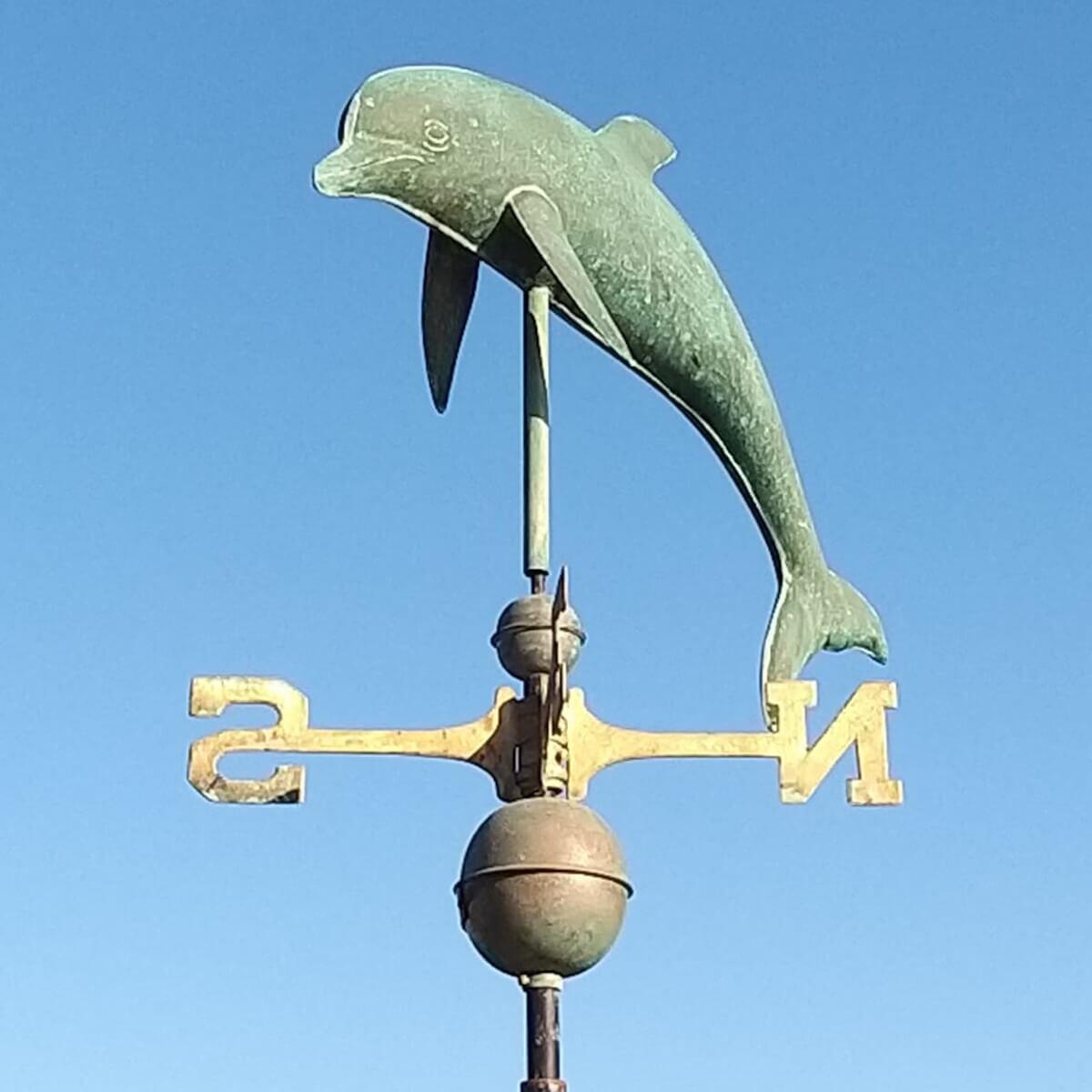Large copper verdigris dolphin weathervane