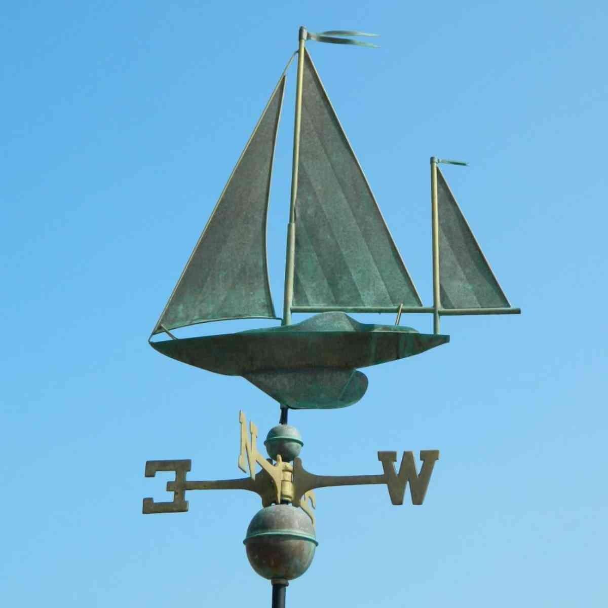 Large pure copper aged weathered verdigris sailboat weathervane