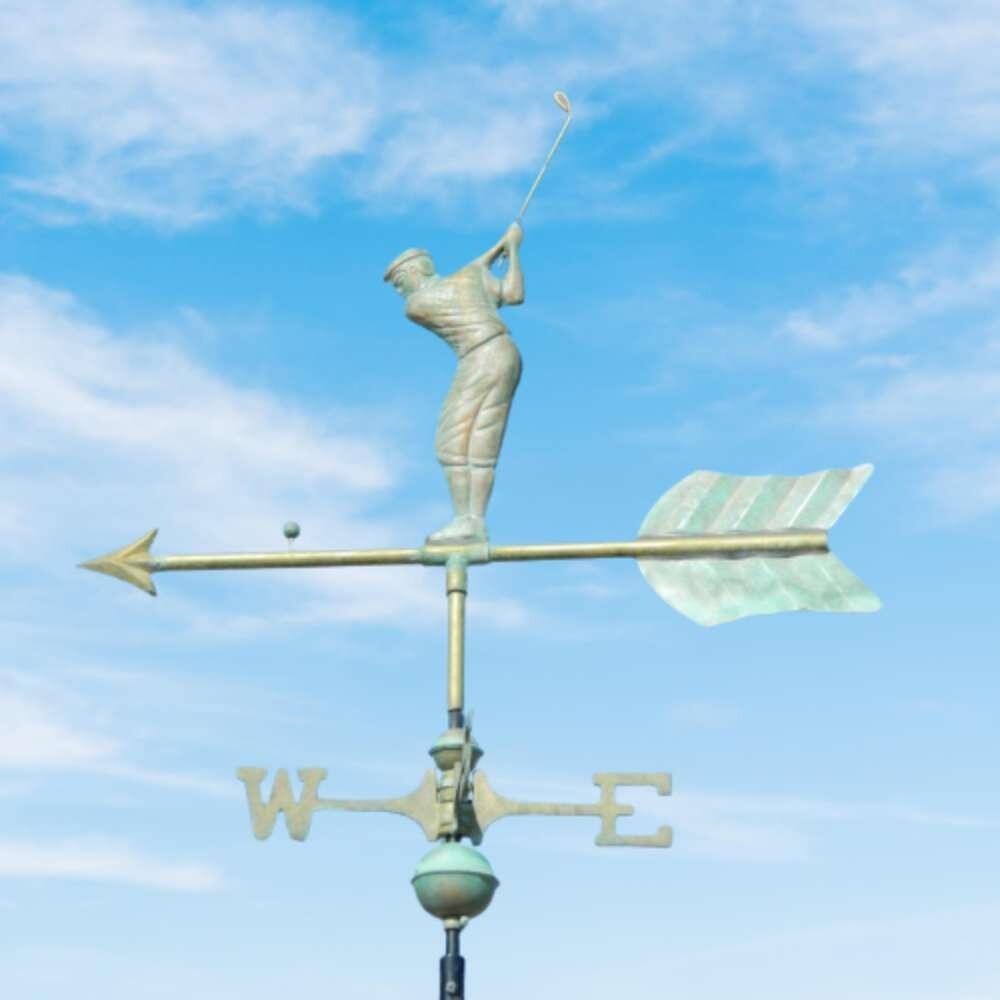 Golfer verdigris weathervane fixed to a round ridge tile finial capping