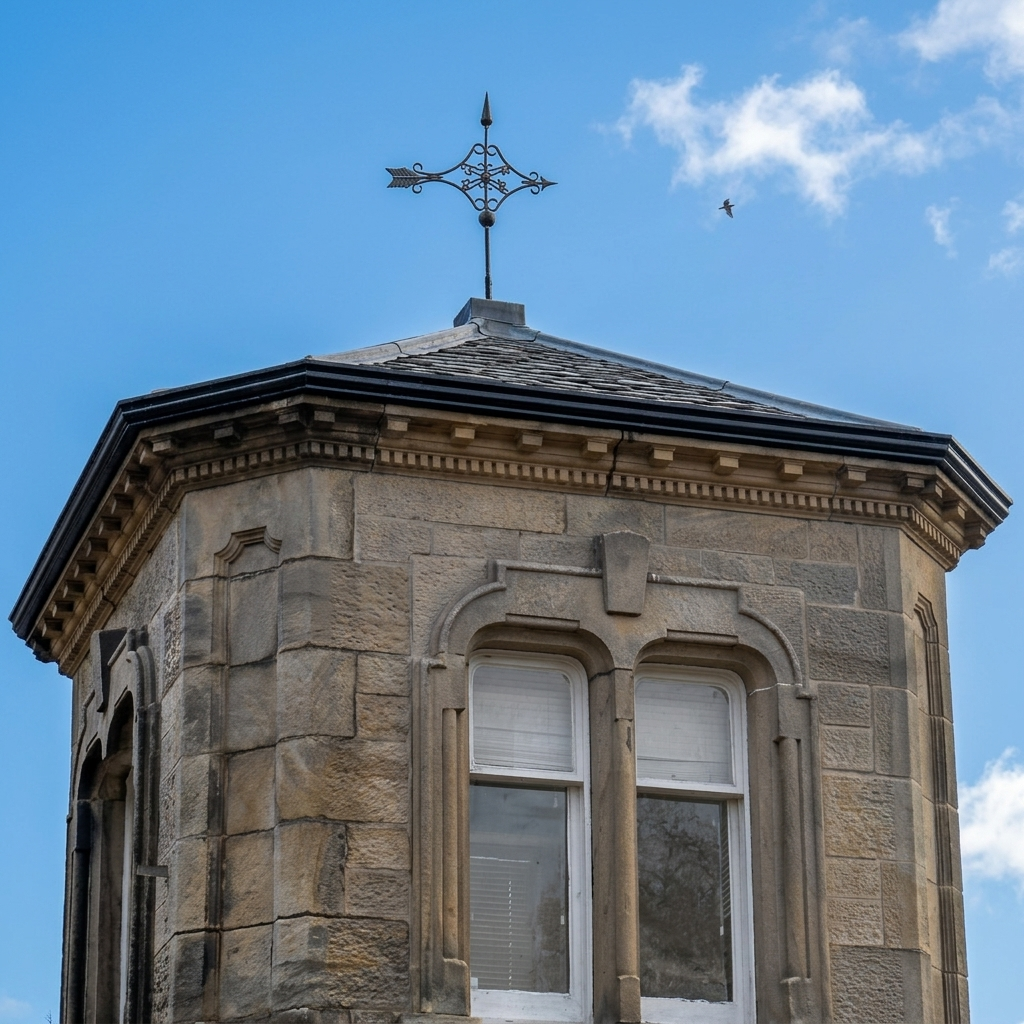 Large copper Victorian arrow weathervane on the apex of an octagonal stone tower at a historic UK building in daylight