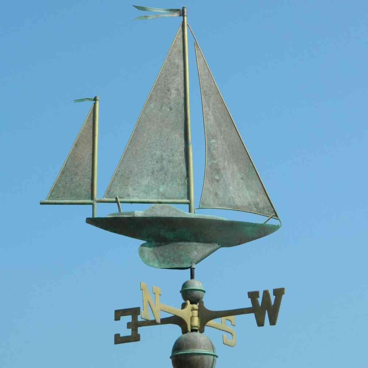 Large pure copper aged weathered verdigris sailboat weathervane