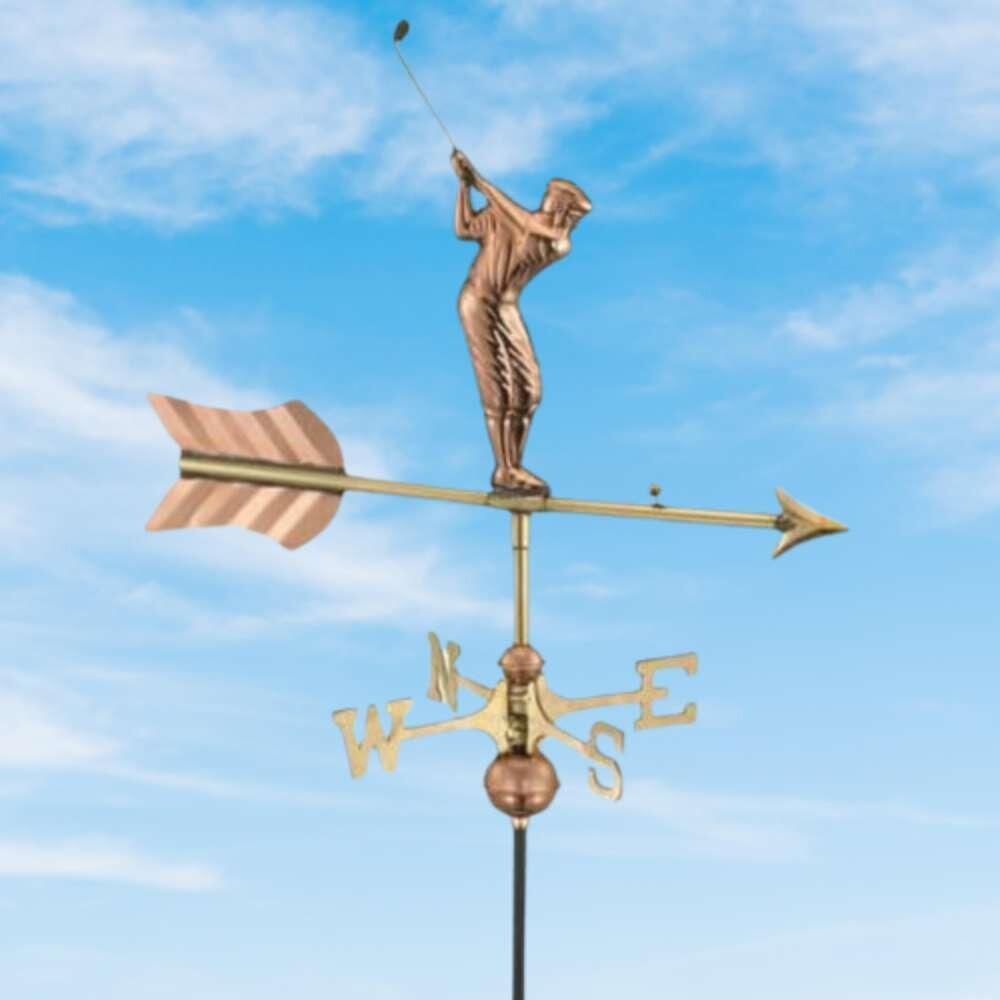 Golfer weathervane mounted on a ridge tile finial fitting with multiple angle options